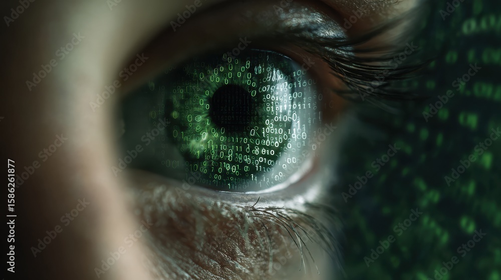 Poster human eye close-up on green tech background, hacker face and digital data pattern. concept of cyber 