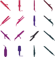Hair Styling Tools Collection: Flat Irons, Curling Wands, and Straighteners. A comprehensive vector illustration set of various hair care appliances for beauty salons, personal grooming, and fashion.