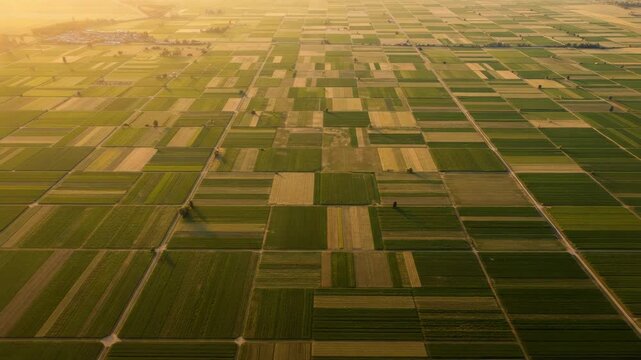 Aerial view captures vast agricultural land, showcasing cultivated fields and geometric patterns. Agricultural land presents a mesmerizing patchwork of crops and textures, forming a scenic landscape.
