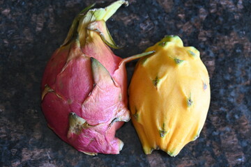red and yellow dragon fruit,