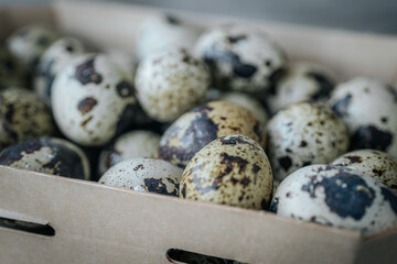 A close-up of a cardboard box filled with colorful quail eggs, revealing their natural patterns and...