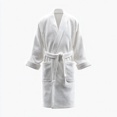 A neatly arranged white waffle bathrobe with a tied belt isolated on a plain white background studio shot