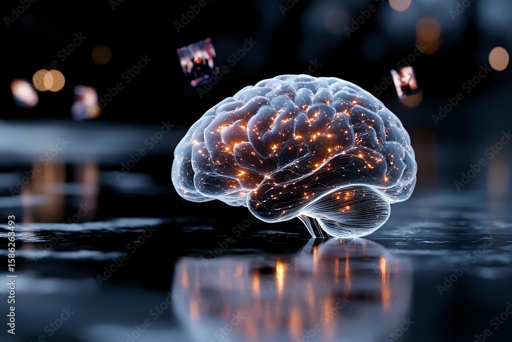Poster glowing translucent brain with neural connections floating above reflective surface against dark bac