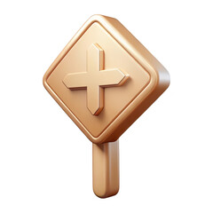 Obraz premium Golden 3d plus symbol on diamond shaped road sign with pole isolated on transparent background