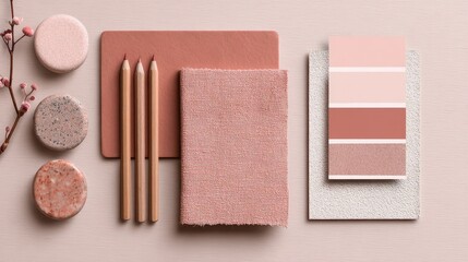 Designer mood board with materials and color swatches in pastel peach fuzz pink color