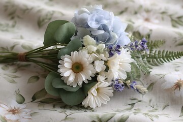 A calming blend of white daisies, pale blue hydrangeas, and lavender sprigs, surrounded by soft green eucalyptus and fern leaves.