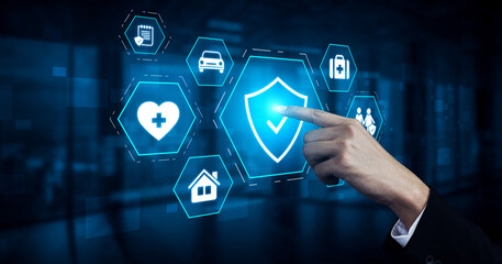 Security and insurance concept showing protection coverage for health, travel, home, car, life, and...