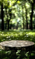 Naklejka premium Natural wooden stump platform in green forest with blurred bokeh background and grass, sunlight filtering through trees creates magical atmosphere.