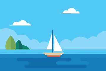 Sailboat on Blue Sea Illustration: Flat Vector Graphic of Sailing Boat, Water, Sky, Clouds, and Island for Summer Vacation Theme
