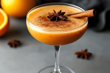Fresh orange cocktail garnished with star anise, cinnamon stick and cocoa powder in coupe glass on gray background. Seasonal autumn drink with spices.