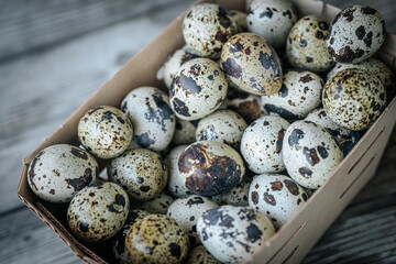 A close-up of a cardboard box filled with colorful quail eggs, revealing their natural patterns and...