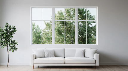 bright living room features white sofa against large window lush greenery outside. space feels open and airy, perfect for relaxation