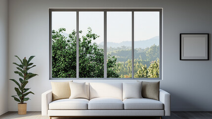 modern living room features white sofa, large windows with scenic view of greenery, and potted plant, creating bright and airy