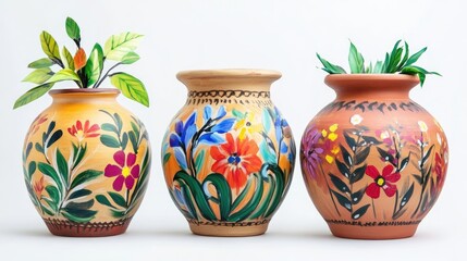 Ceramic clay vase jar with colourful floral ornament isolated on white background. Traditional ornamental pottery design