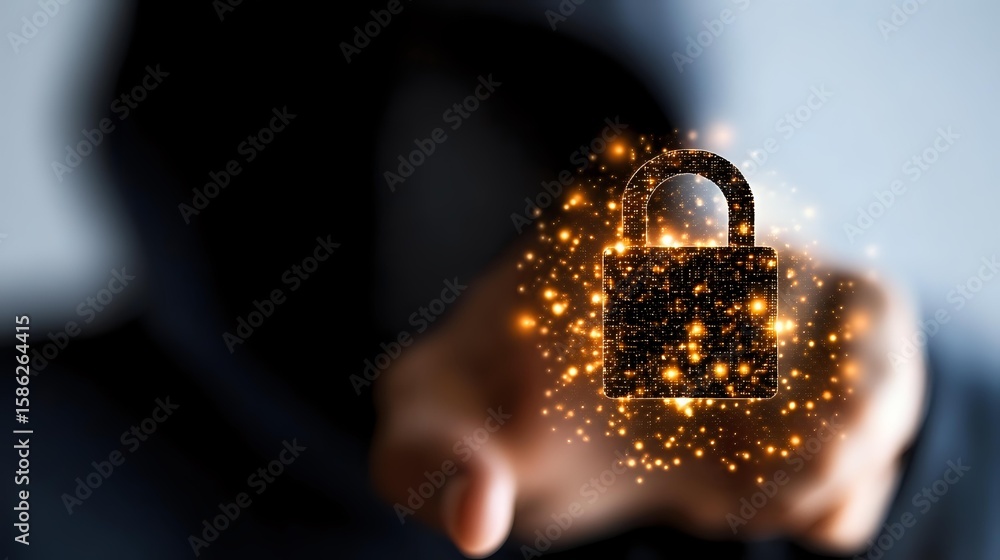 Poster glowing golden padlock with magical sparkles floating above outstretched hand against dark backgroun