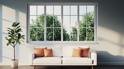 bright living room features white sofa adorned with orange cushions, complemented by potted plant. large window offers view of lush greenery outside, creating refreshing