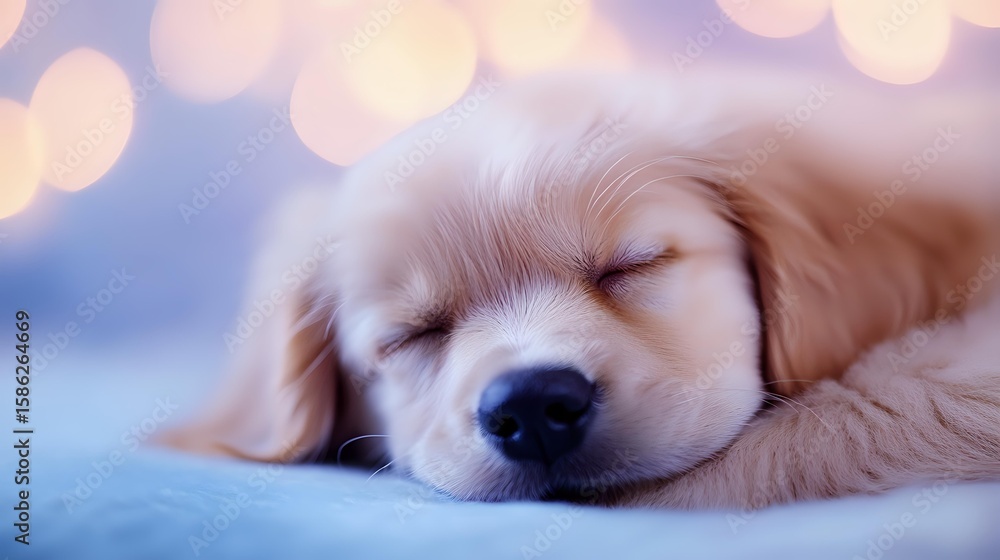 Poster sleeping golden retriever puppy with peaceful expression on blue background with soft bokeh lights c