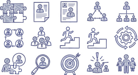 Doodle business team icon set. Doodle teamwork people community, office man group work concept. Target, gear, puzzle element. 