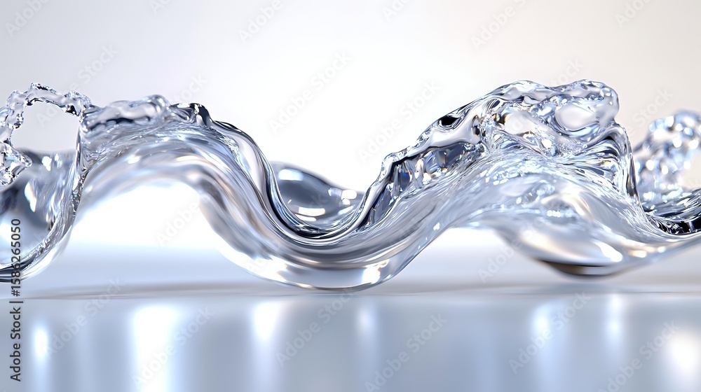 Poster flowing liquid wave with dynamic splashing water surface creating abstract curved shape against ligh