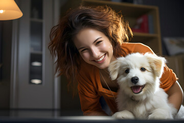 Smiling woman enjoys playful moment with her cheerful puppy at home during evening
