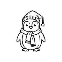 Naklejka premium Cartoon penguin wearing a winter hat and scarf for holiday designs isolate minimalist design black line white background