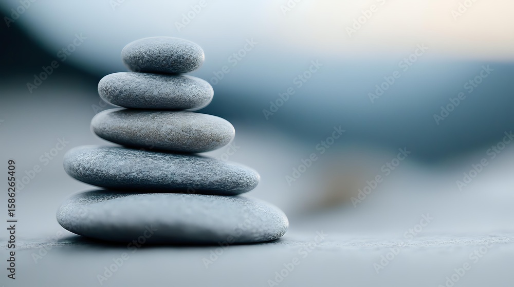 Poster balanced stack of smooth grey zen stones on blurred background creating harmony and mindfulness atmo