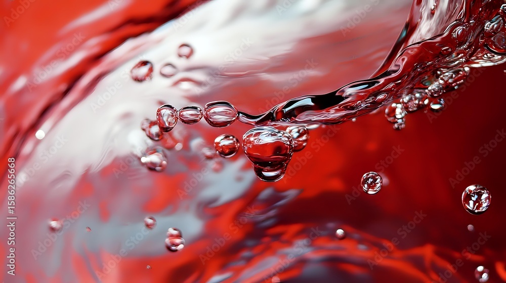 Poster dynamic splash of red liquid with transparent water drops creating abstract pattern against white ba