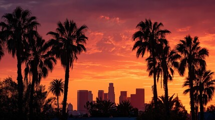 Los angeles skyline at sunset framed by silhouette palm trees