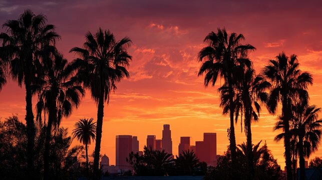 Los angeles skyline at sunset framed by silhouette palm trees - Powered by Adobe
