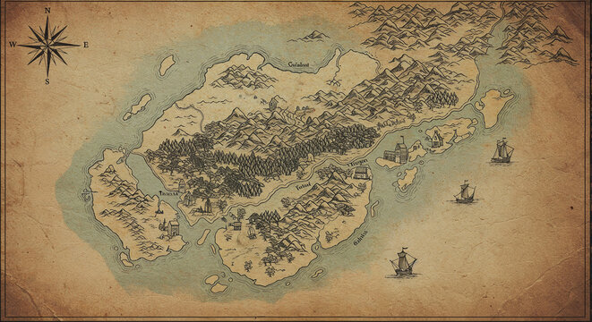 Ancient treasure map on aged parchment paper