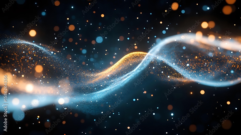 Poster glowing abstract waves with orange and blue light particles floating in dark space, magical energy f