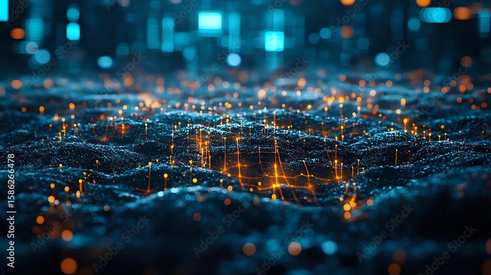 Aufkleber futuristic digital landscape with glowing blue and orange network connections on dark background cre