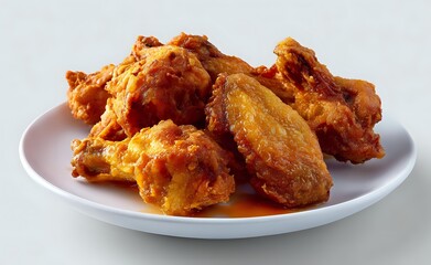 Crispy fried chicken wings coated in bright orange buffalo sauce served on white plate, close up view of spicy appetizer with glossy sauce coating.