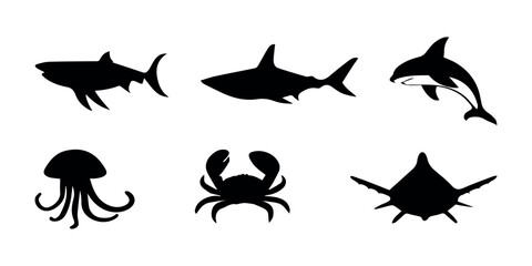 Marine life silhouettes showcase sharks, dolphin, jellyfish, crab, and stingray