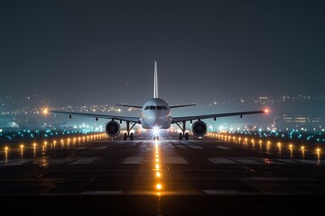 Airplane on the runway at night.