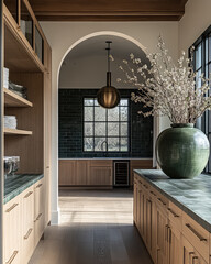 modern kitchen interior featuring wooden cabinetry, large green vase with flowers, and stylish pendant light. space is bright and airy, with large windows allowing natural light