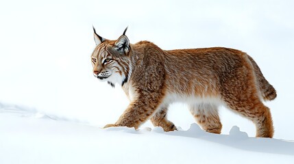 Majestic Eurasian lynx walking through deep white snow, side view of wild cat with distinctive ear tufts and reddish-brown fur showing natural hunting behavior.