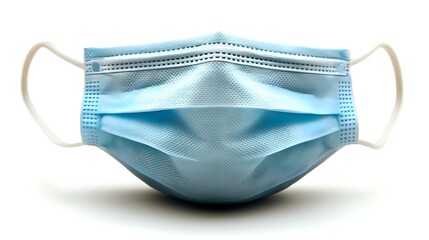 Disposable blue surgical face mask with elastic ear loops on white background, isolated medical protective equipment for healthcare and safety purposes.
