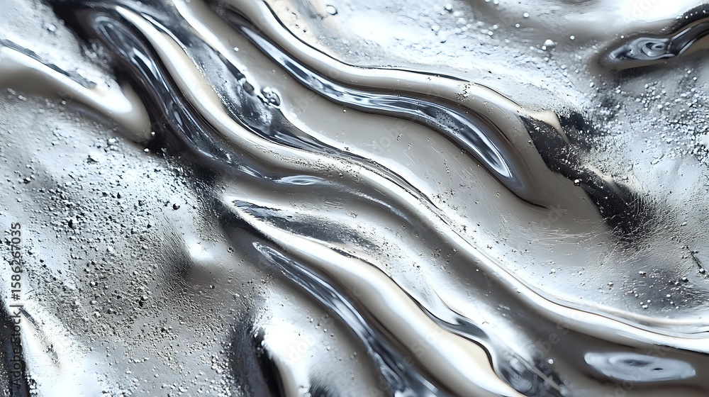 Poster metallic liquid silver waves with rippled surface texture and flowing curves create dynamic abstract