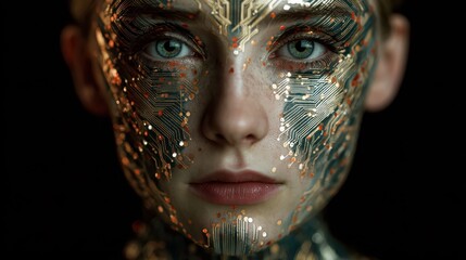 AI Mind: Digital Portrait of a Woman with Circuitry Overlay