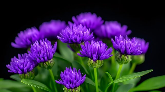 Vibrant purple aster flowers in full bloom against dark background, with bright green leaves and stems creating dramatic natural contrast. Macro floral photography.