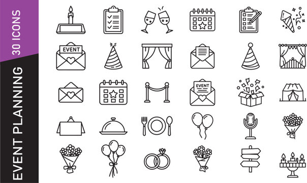 Black outline icon set for party, wedding, and event planning – decoration and celebration tools