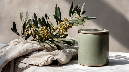 Aesthetic still life featuring green olive branch and textured ceramic jar on a textured surface