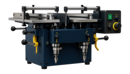 Double-sided dowel insertion machine with synchronized feeding mechanisms for panel processing plants.