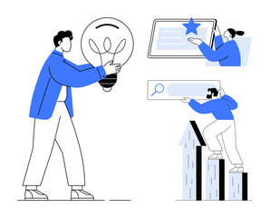 Person holding lightbulb symbolizing innovation, individual marking completion on a checklist, another climbing onto graphs. Ideal for teamwork, progress, strategy, leadership, achievement, growth