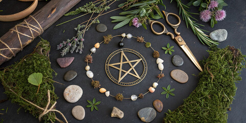 Halloween background composition showing a pentagram surrounded by crystals, herbs, moss, stones, a wooden stick, and golden scissors, creating a mystical and magical atmosphere
