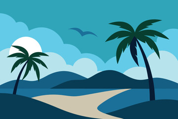 Tropical Beach Landscape Vector Illustration: Palm Trees, Ocean, Sand, and Sky Graphic Design for Travel and Vacation Themes