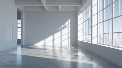 Obraz premium Empty white gallery space with large windows. Sunlight casts geometric shadows on white walls. Polished concrete floor reflects light. Minimalist design emphasizes potential and emptiness.