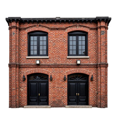 Naklejka premium Historic Red Brick Building Facade with Black Doors and Windows Isolated on White