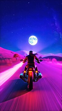 80s Vibes: Psychedelic Motorcycle Adventure Under the Starry Night 
Experience the thrill of an 80s-style motorcycle speeding down a surreal, psychedelic road illuminated